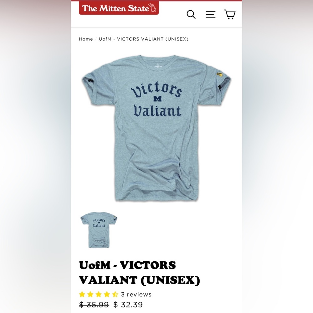 The Mitten State UofM Victors Valiant Unisex Tee shirt. Size XL. Never worn.